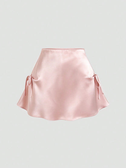 Sweetra Women's Pink Skirt, Satin Fabric, Bow Decor On Both Sides, Umbrella Hem With Zipper Closure