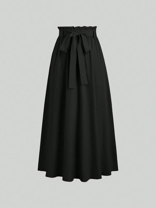 Sweetra Women's Solid Color Elastic Waist Knotted Long Casual Skirt