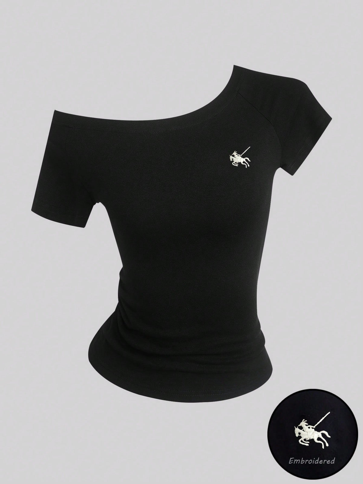 Sweetra Women's Summer Asymmetrical Shoulder T-Shirt Top, Embroidered Knight Riding Horse Logo, Black Short Sleeve