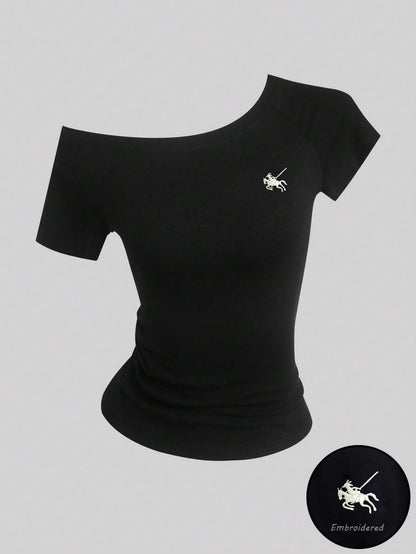 Sweetra Women's Summer Asymmetrical Shoulder T-Shirt Top, Embroidered Knight Riding Horse Logo, Black Short Sleeve