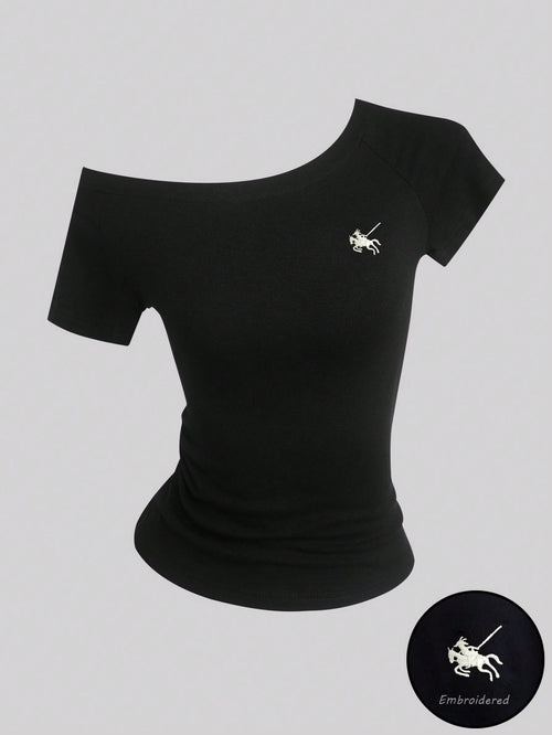 Sweetra Women's Summer Asymmetrical Shoulder T-Shirt Top, Embroidered Knight Riding Horse Logo, Black Short Sleeve
