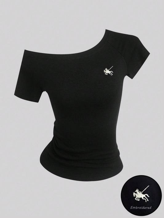 Sweetra Women's Summer Asymmetrical Shoulder T-Shirt Top, Embroidered Knight Riding Horse Logo, Black Short Sleeve