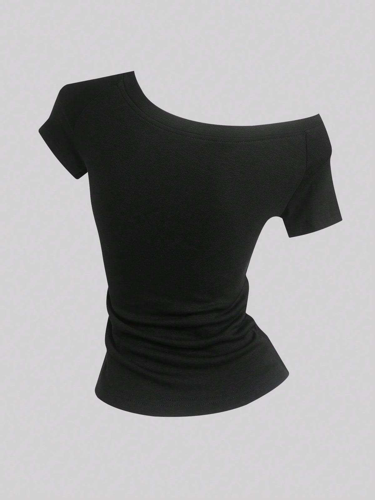 Sweetra Women's Summer Asymmetrical Shoulder T-Shirt Top, Embroidered Knight Riding Horse Logo, Black Short Sleeve