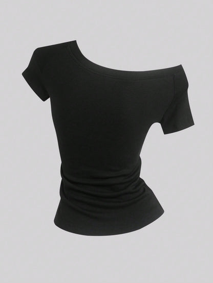 Sweetra Women's Summer Asymmetrical Shoulder T-Shirt Top, Embroidered Knight Riding Horse Logo, Black Short Sleeve