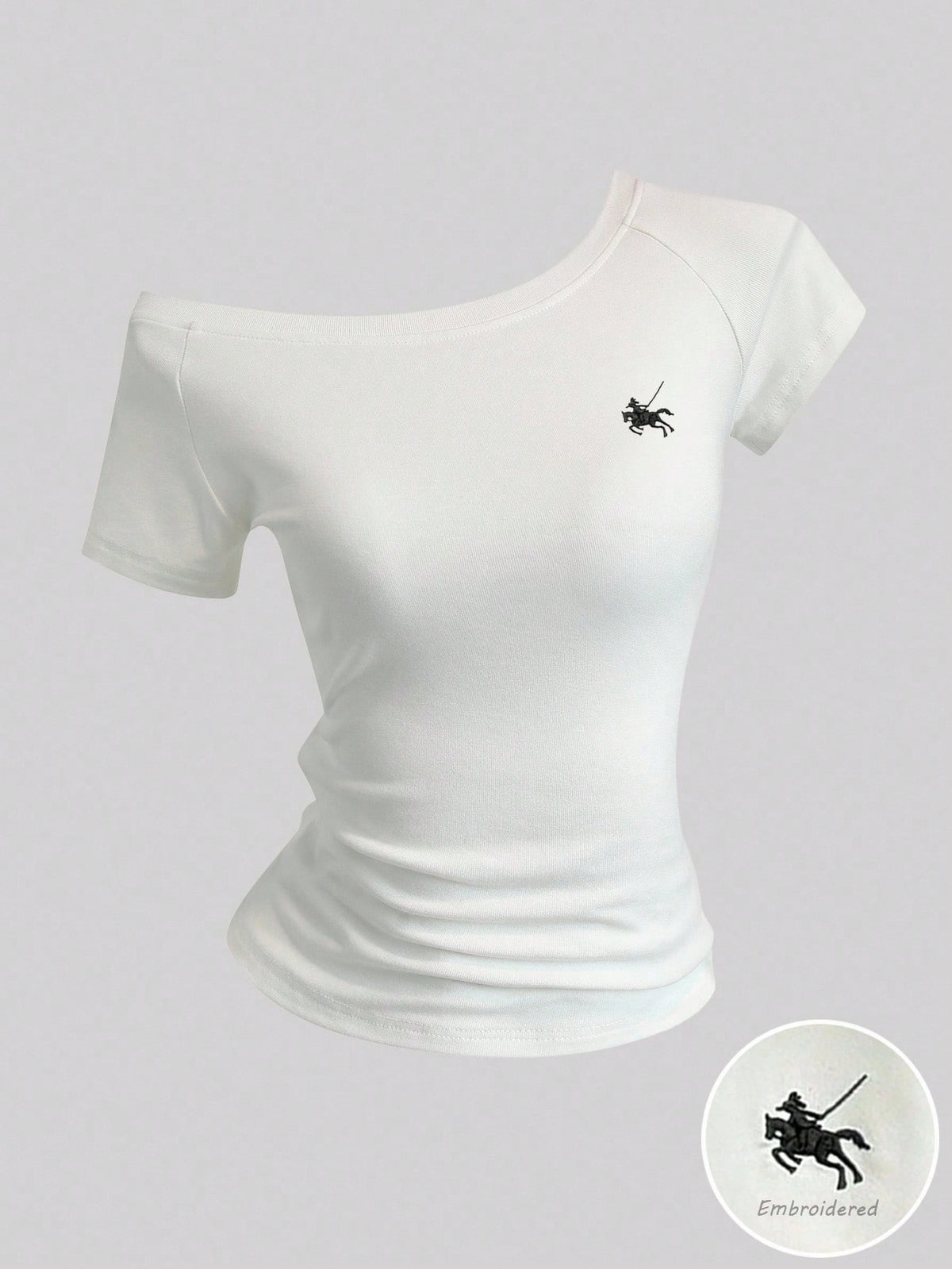 Sweetra Women's Summer Asymmetrical Shoulder T-Shirt Top, Embroidered Knight Riding Horse Logo, Black Short Sleeve