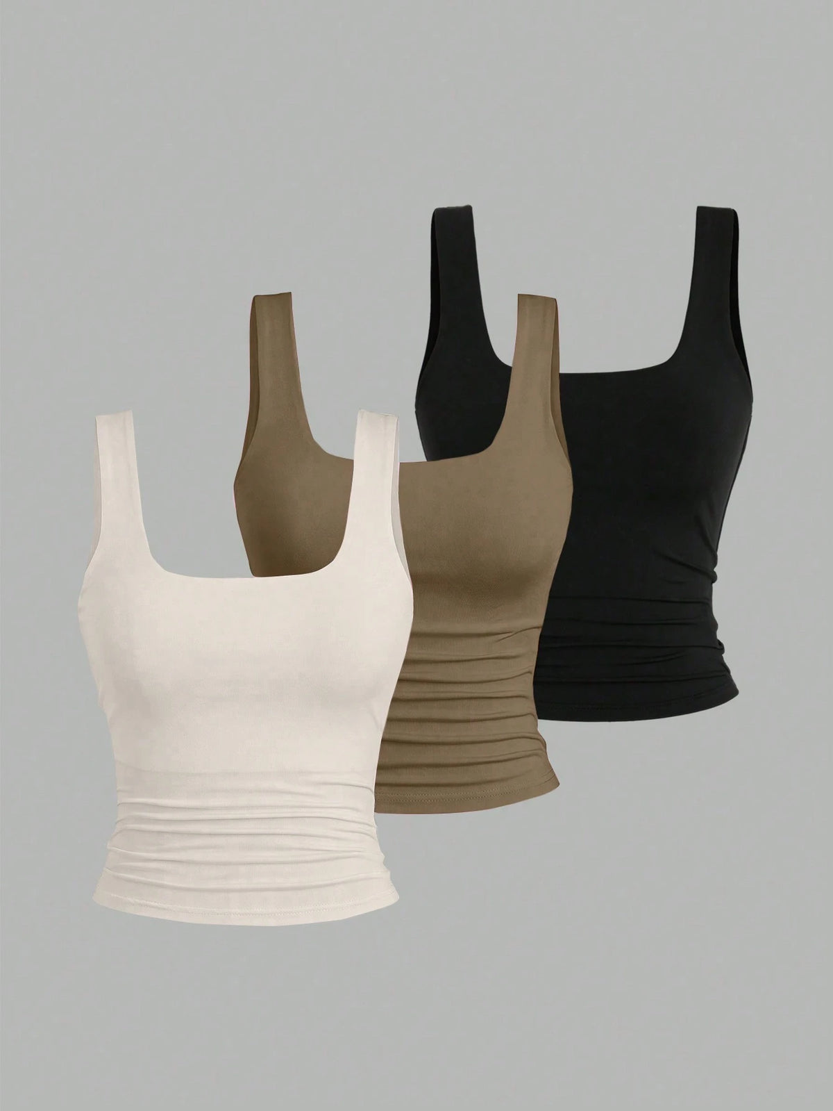 Sweetra Women Square Neck Pleated Fitted Tank Top