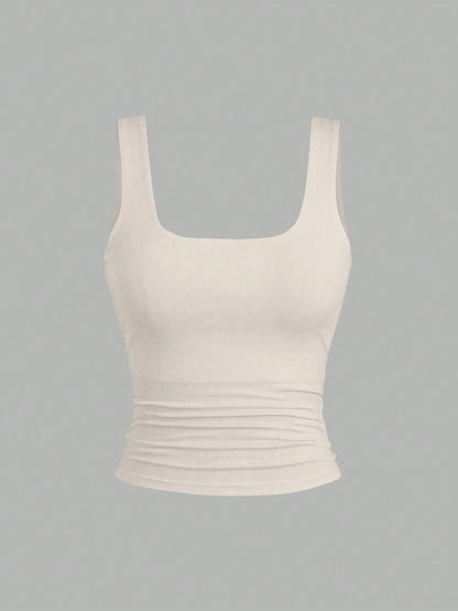 Sweetra Women Square Neck Pleated Fitted Tank Top