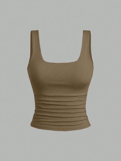 Sweetra Women Square Neck Pleated Fitted Tank Top