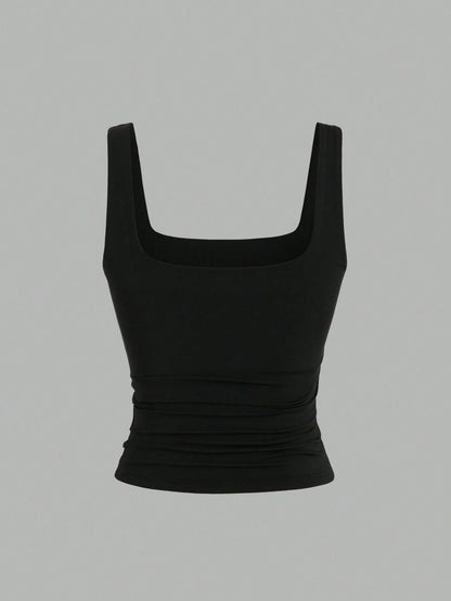Sweetra Women Square Neck Pleated Fitted Tank Top