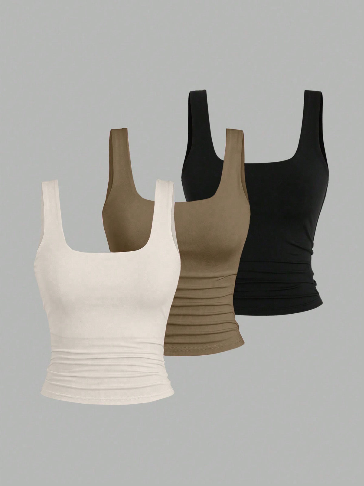 Sweetra Women Square Neck Pleated Fitted Tank Top