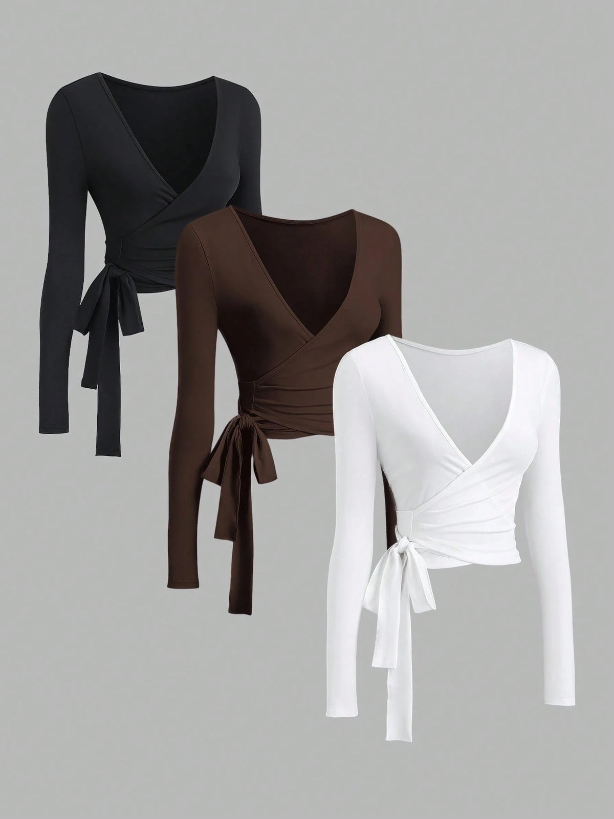 Sweetra Women Summer 3-Piece Set V-Neck Wrap Crop Long Sleeve T-Shirt,Black And White,Autumn,Bandage,Night Out Elastic Soft Slim Fit Sports Top