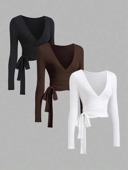 Sweetra Women Summer 3-Piece Set V-Neck Wrap Crop Long Sleeve T-Shirt,Black And White,Autumn,Bandage,Night Out Elastic Soft Slim Fit Sports Top