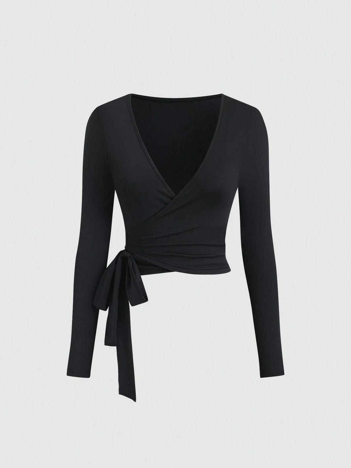 Sweetra Women Summer 3-Piece Set V-Neck Wrap Crop Long Sleeve T-Shirt,Black And White,Autumn,Bandage,Night Out Elastic Soft Slim Fit Sports Top