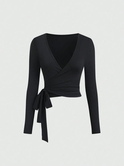 Sweetra Women Summer 3-Piece Set V-Neck Wrap Crop Long Sleeve T-Shirt,Black And White,Autumn,Bandage,Night Out Elastic Soft Slim Fit Sports Top