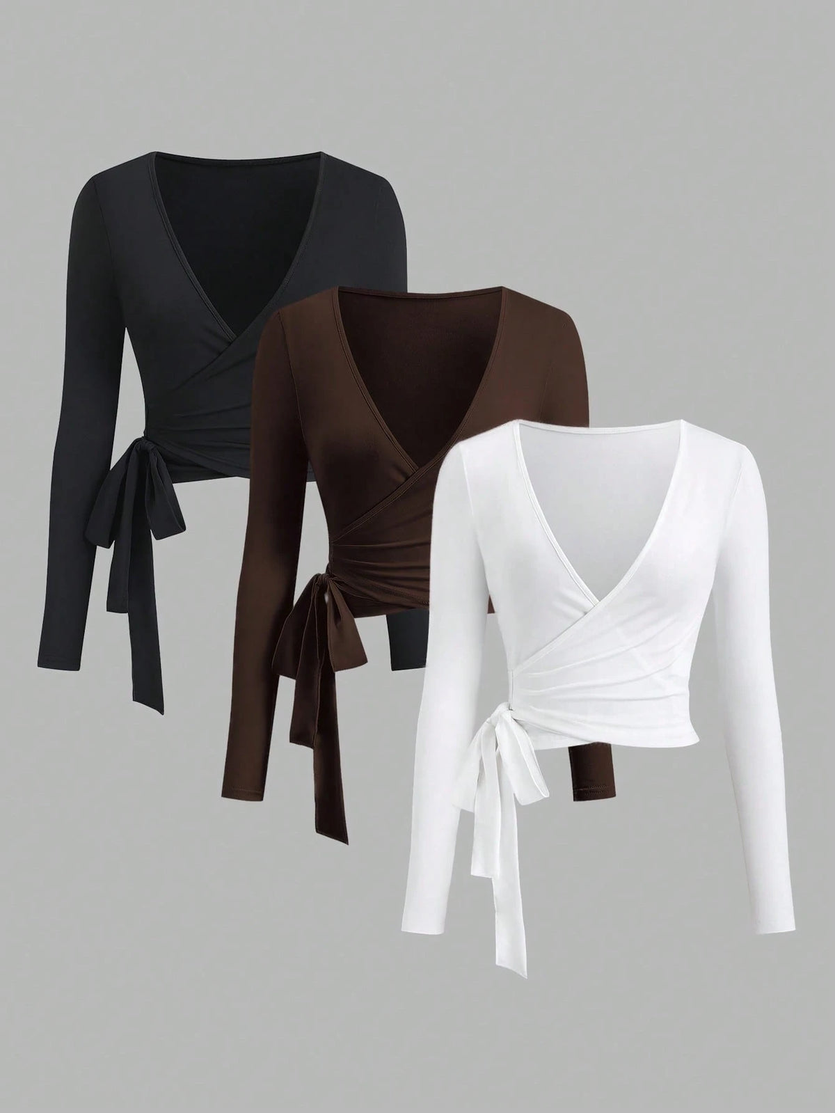 Sweetra Women Summer 3-Piece Set V-Neck Wrap Crop Long Sleeve T-Shirt,Black And White,Autumn,Bandage,Night Out Elastic Soft Slim Fit Sports Top