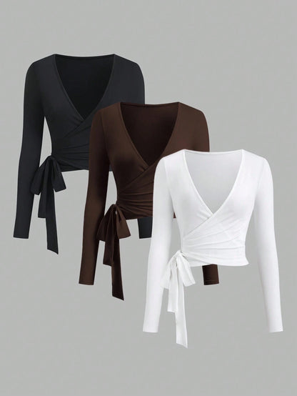 Sweetra Women Summer 3-Piece Set V-Neck Wrap Crop Long Sleeve T-Shirt,Black And White,Autumn,Bandage,Night Out Elastic Soft Slim Fit Sports Top