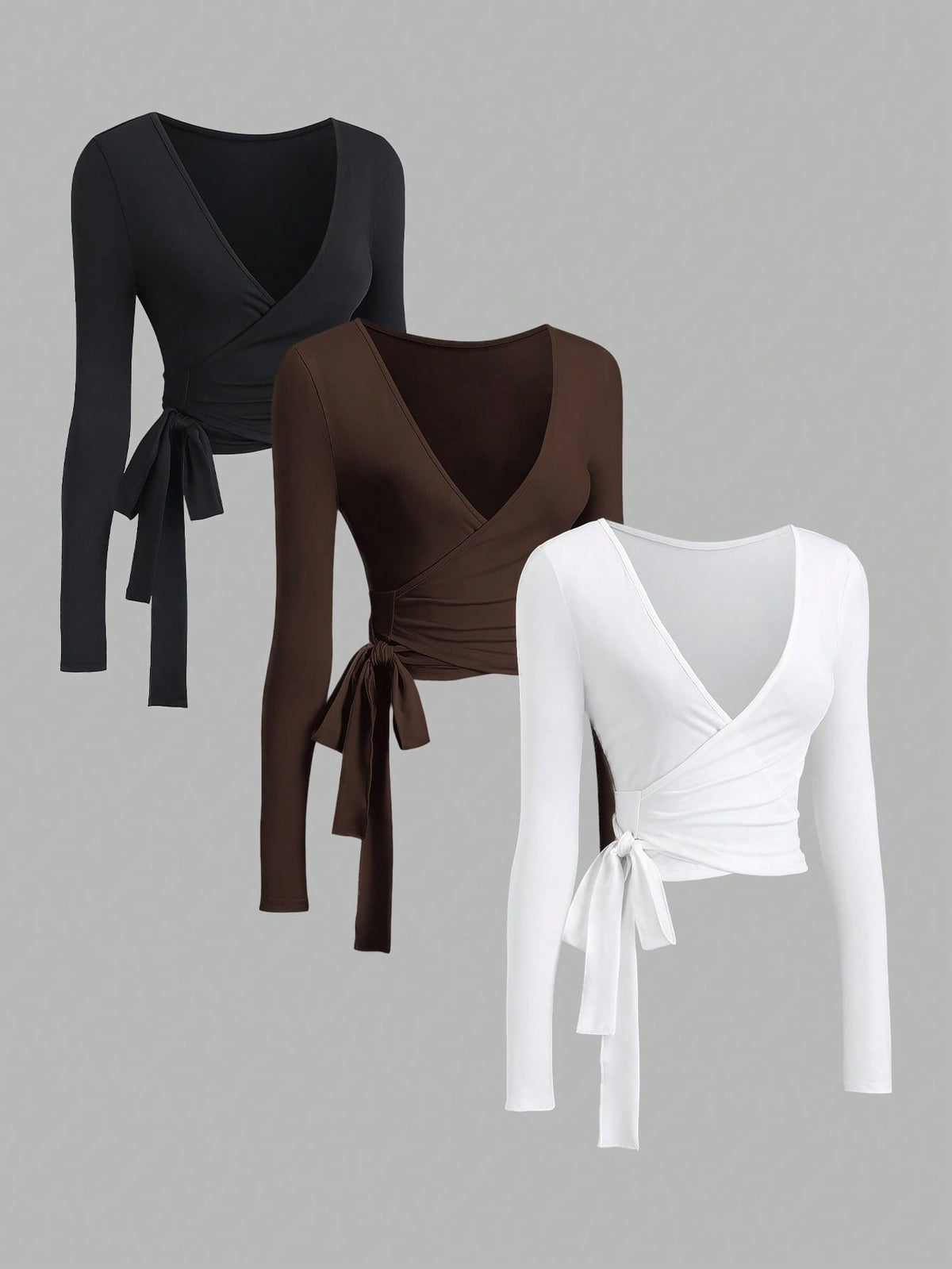 Sweetra Women Summer 3-Piece Set V-Neck Wrap Crop Long Sleeve T-Shirt,Black And White,Autumn,Bandage,Night Out Elastic Soft Slim Fit Sports Top
