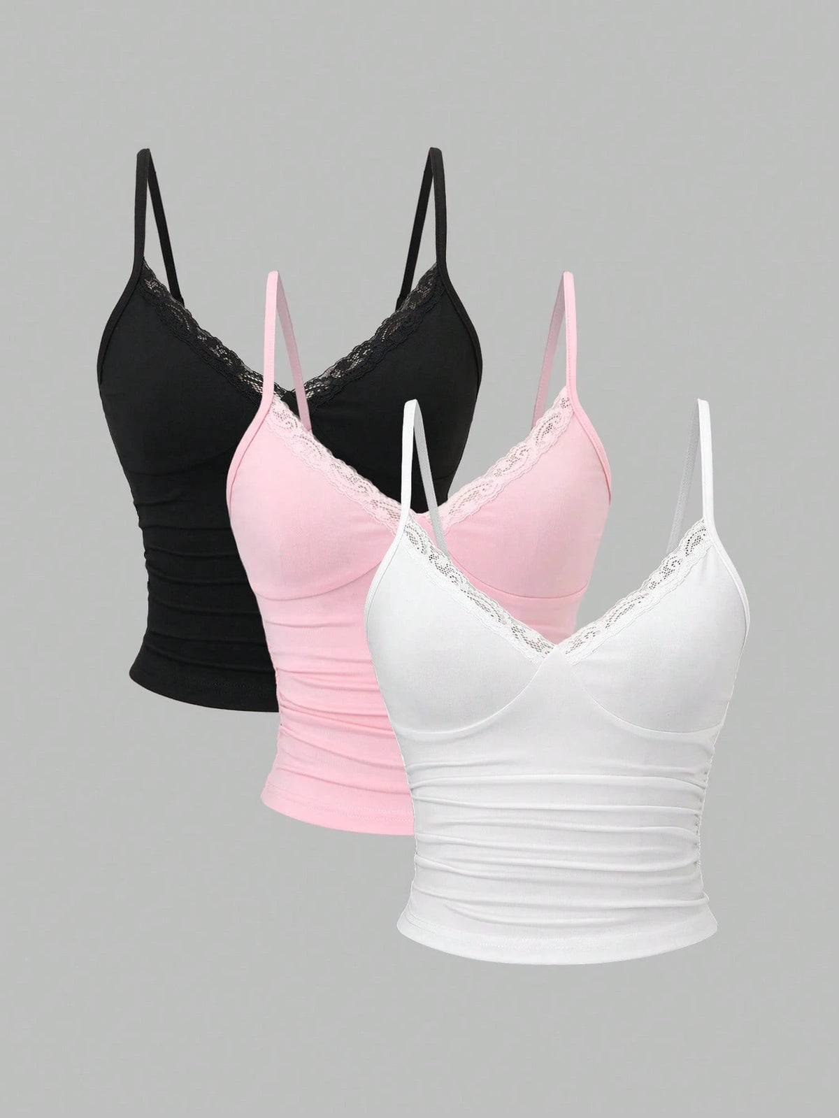 Sweetra Y2K Sexy Lace Trim Ruched Camisole Set, Multiple Pcs