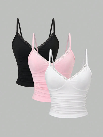 Sweetra Y2K Sexy Lace Trim Ruched Camisole Set, Multiple Pcs