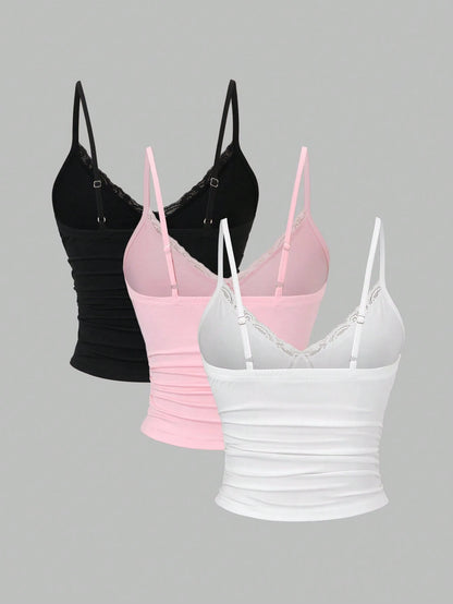 Sweetra Y2K Sexy Lace Trim Ruched Camisole Set, Multiple Pcs
