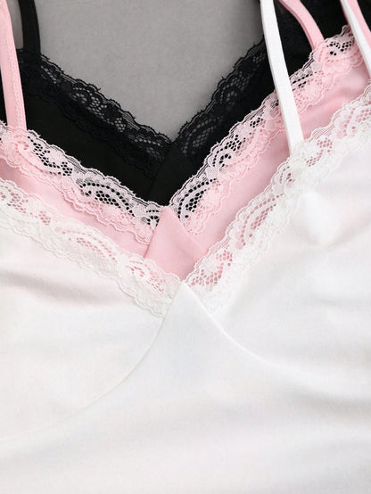 Sweetra Y2K Sexy Lace Trim Ruched Camisole Set, Multiple Pcs