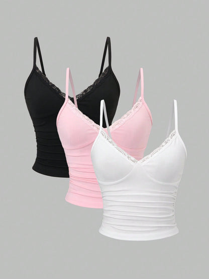Sweetra Y2K Sexy Lace Trim Ruched Camisole Set, Multiple Pcs