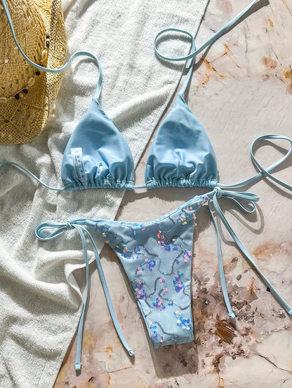 Swim 2 Pieces Light Blue Floral Sequin Special Fabric Triangle Cup Bra Side Tie Swim Bottoms Bikini Set,Summer,Casual,Beach,Holiday,Vacation,Holiday