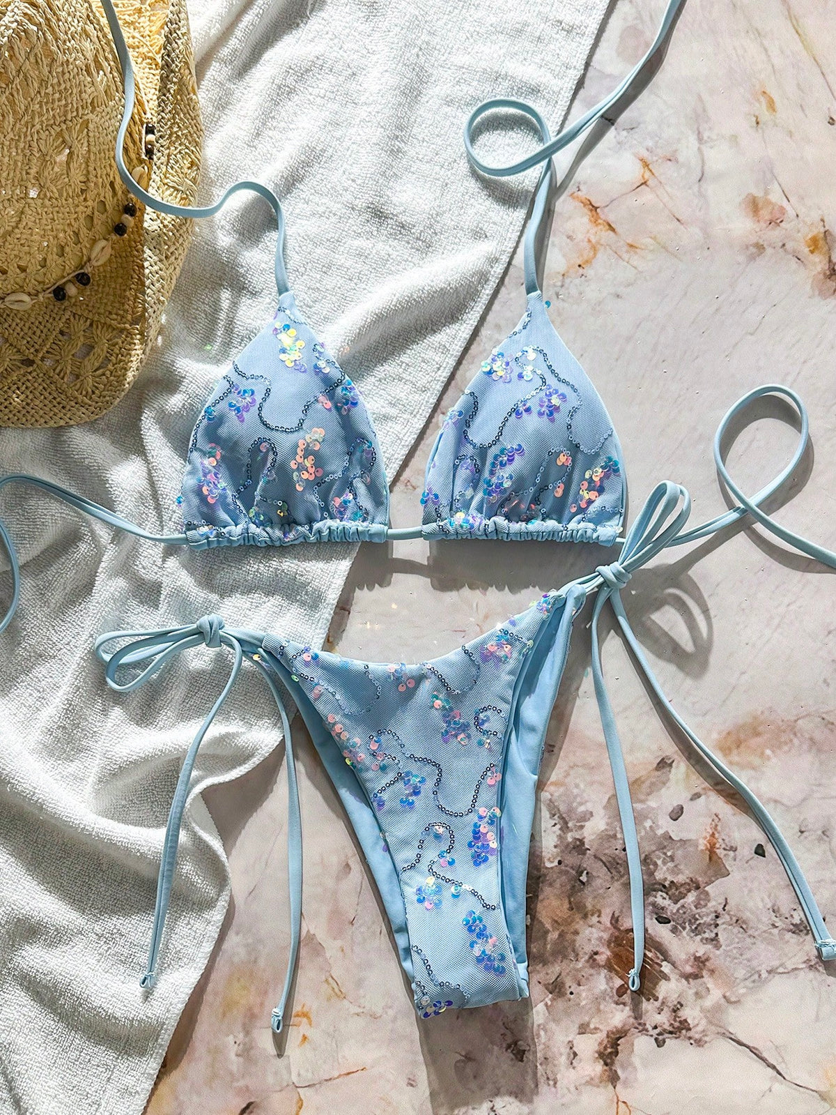Swim 2 Pieces Light Blue Floral Sequin Special Fabric Triangle Cup Bra Side Tie Swim Bottoms Bikini Set,Summer,Casual,Beach,Holiday,Vacation,Holiday