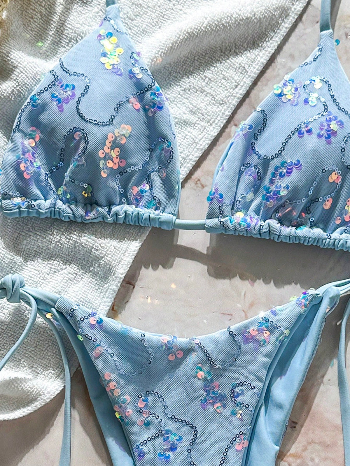 Swim 2 Pieces Light Blue Floral Sequin Special Fabric Triangle Cup Bra Side Tie Swim Bottoms Bikini Set,Summer,Casual,Beach,Holiday,Vacation,Holiday