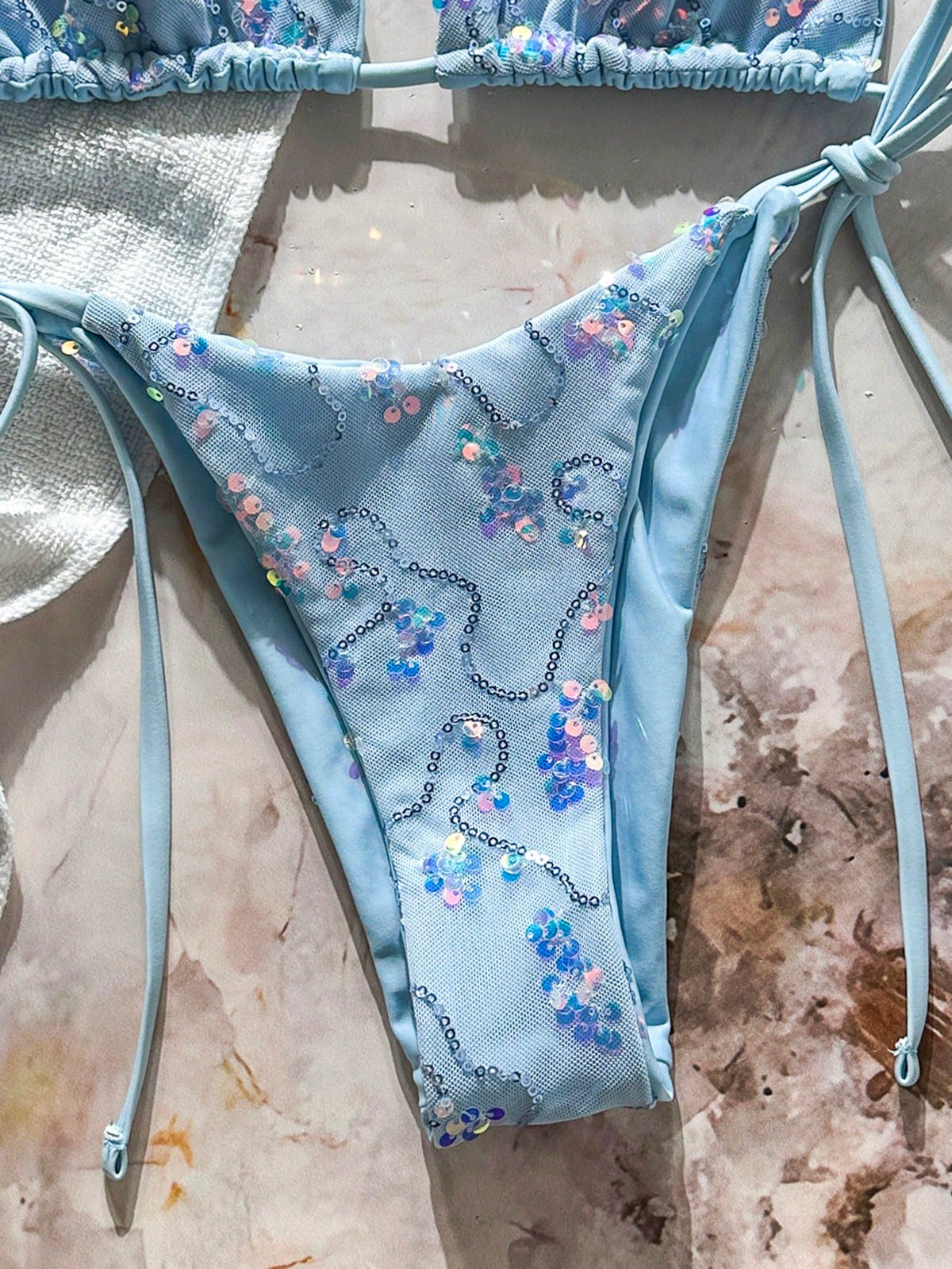 Swim 2 Pieces Light Blue Floral Sequin Special Fabric Triangle Cup Bra Side Tie Swim Bottoms Bikini Set,Summer,Casual,Beach,Holiday,Vacation,Holiday