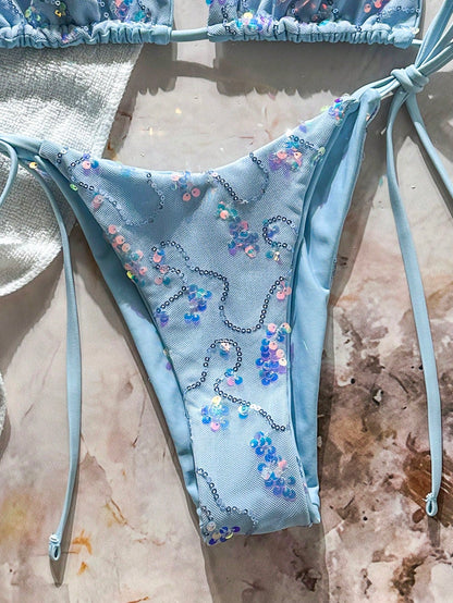 Swim 2 Pieces Light Blue Floral Sequin Special Fabric Triangle Cup Bra Side Tie Swim Bottoms Bikini Set,Summer,Casual,Beach,Holiday,Vacation,Holiday