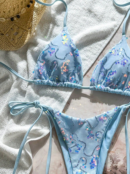 Swim 2 Pieces Light Blue Floral Sequin Special Fabric Triangle Cup Bra Side Tie Swim Bottoms Bikini Set,Summer,Casual,Beach,Holiday,Vacation,Holiday