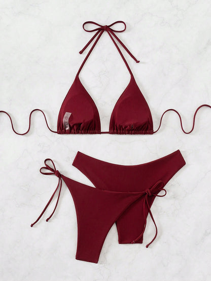 Swim Basics 3pcs Women's Summer Beach Solid Color Halter Tie Sexy Bikini Swimsuit Set