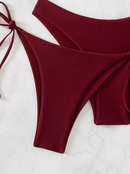 Swim Basics 3pcs Women's Summer Beach Solid Color Halter Tie Sexy Bikini Swimsuit Set