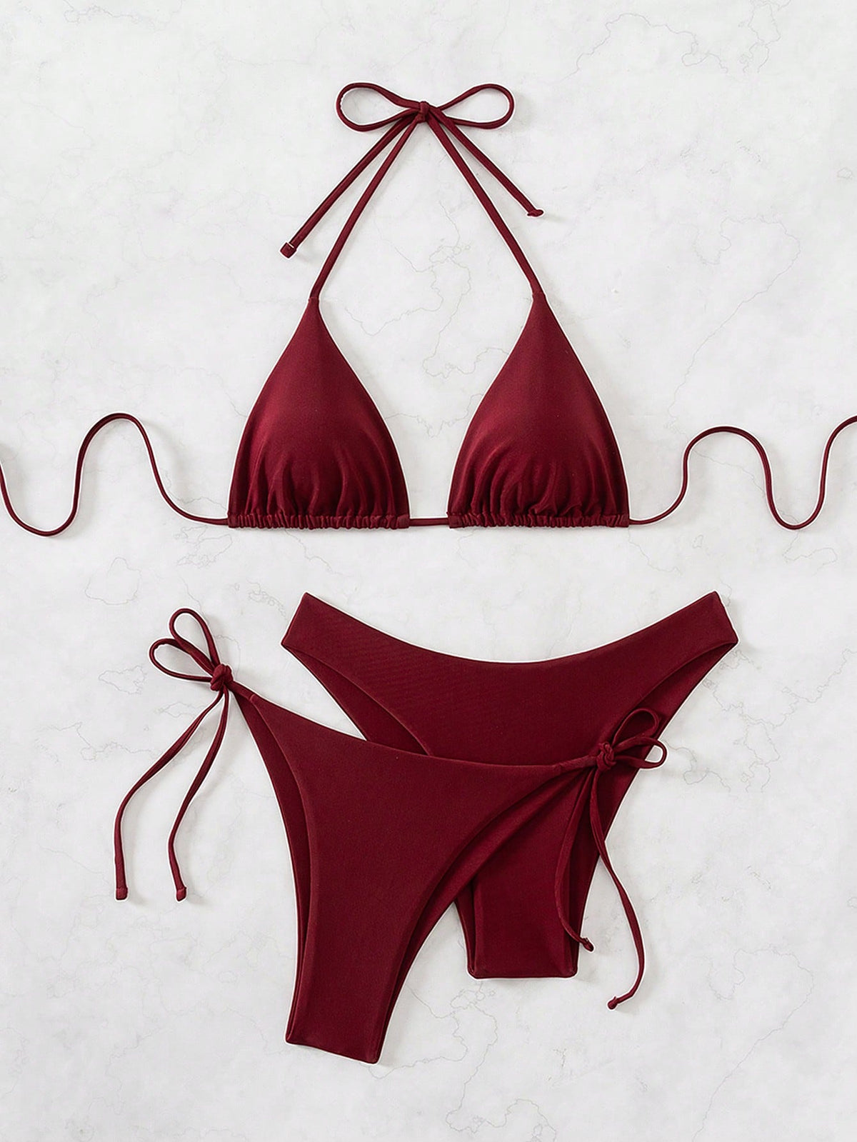 Swim Basics 3pcs Women's Summer Beach Solid Color Halter Tie Sexy Bikini Swimsuit Set
