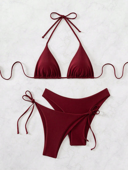 Swim Basics 3pcs Women's Summer Beach Solid Color Halter Tie Sexy Bikini Swimsuit Set