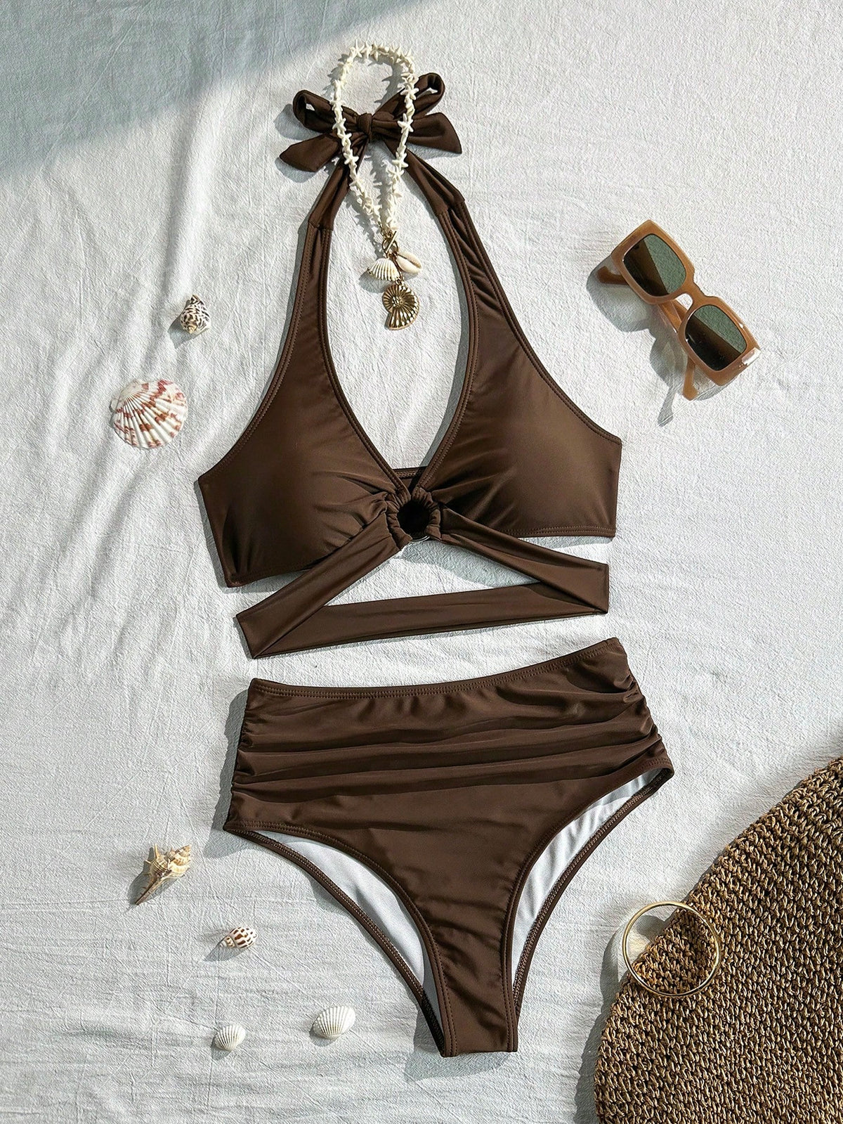 Swim Basics Hot Selling Neck Tie Black Bikini Set, Beach Holiday Bikini Set, Beach Party Swimwear For Summer Beach Vacation