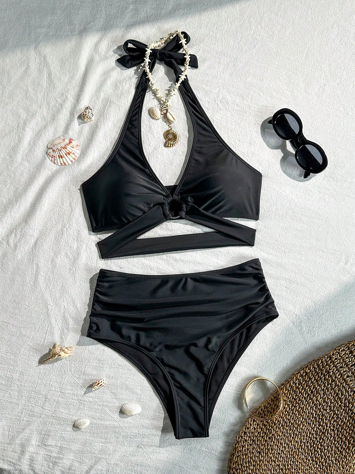 Swim Basics Hot Selling Neck Tie Black Bikini Set, Beach Holiday Bikini Set, Beach Party Swimwear For Summer Beach Vacation