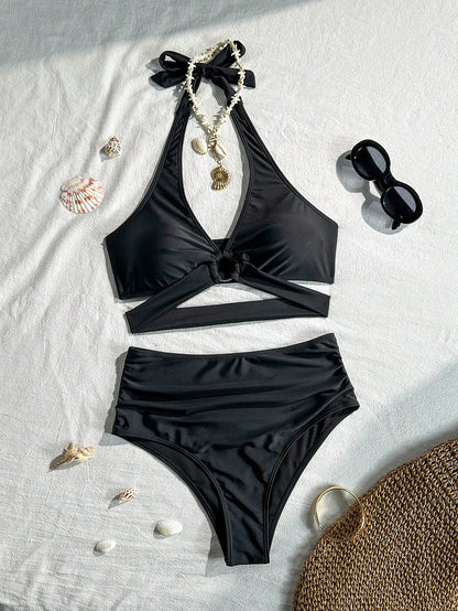 Swim Basics Hot Selling Neck Tie Black Bikini Set, Beach Holiday Bikini Set, Beach Party Swimwear For Summer Beach Vacation