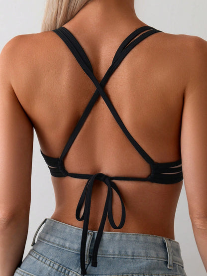Swim Basics Summer Beach Solid Color Halter Neck Bikini Top