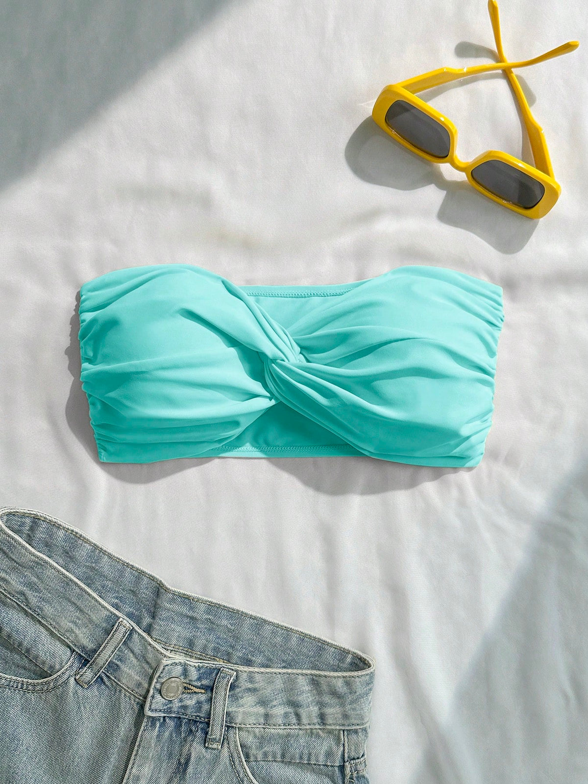 Swim Basics Vacation Beach Solid Color Twisted Bandeau Swimsuit Top