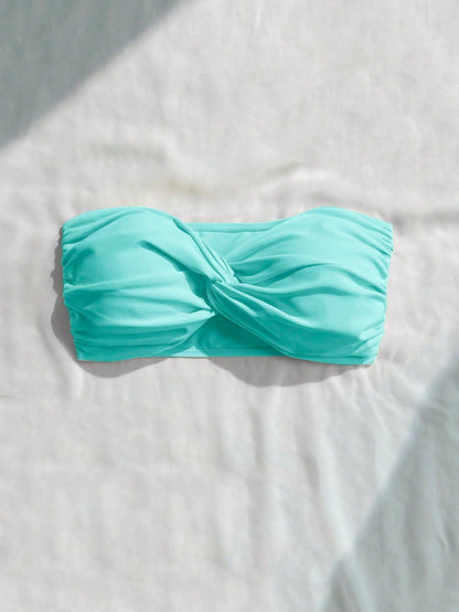 Swim Basics Vacation Beach Solid Color Twisted Bandeau Swimsuit Top