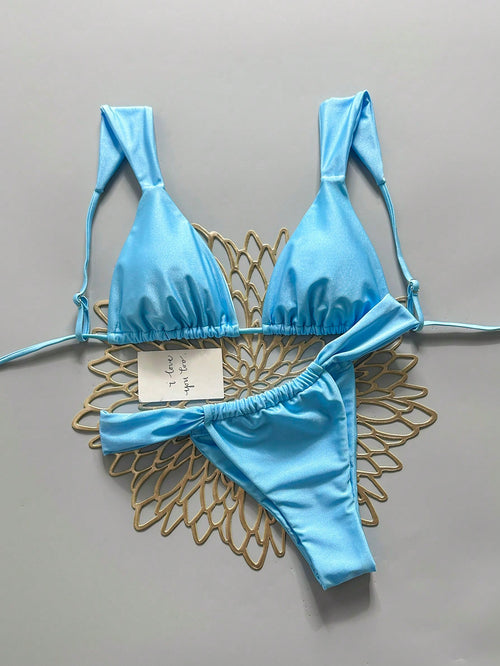 Swim Basics Women's Solid Color Bikini And Triangle Panty Swimwear Set