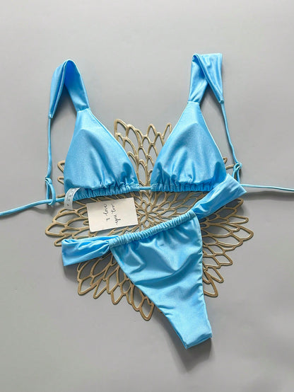 Swim Basics Women's Solid Color Bikini And Triangle Panty Swimwear Set