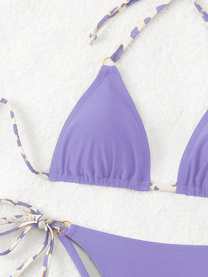 Swim Basics Women's Summer Beach Contrast Color Halter Tie Sexy Bikini And Triangle Briefs Swimwear Set