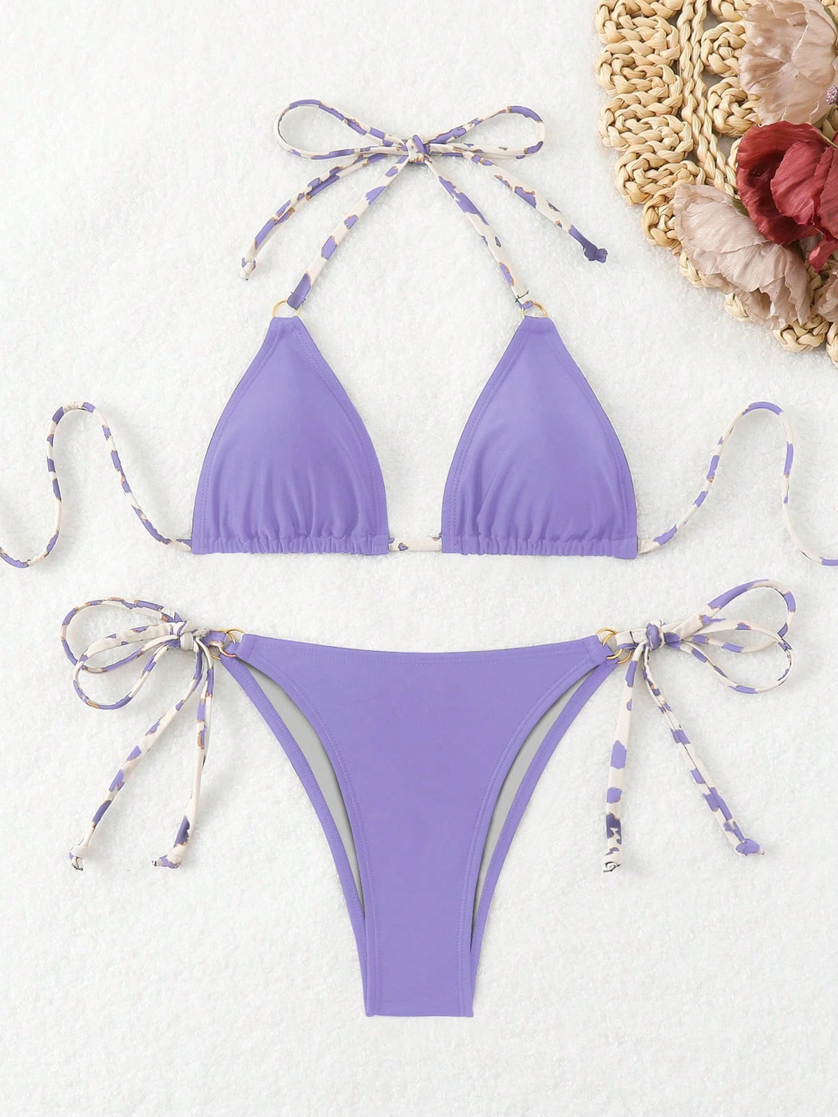 Swim Basics Women's Summer Beach Contrast Color Halter Tie Sexy Bikini And Triangle Briefs Swimwear Set