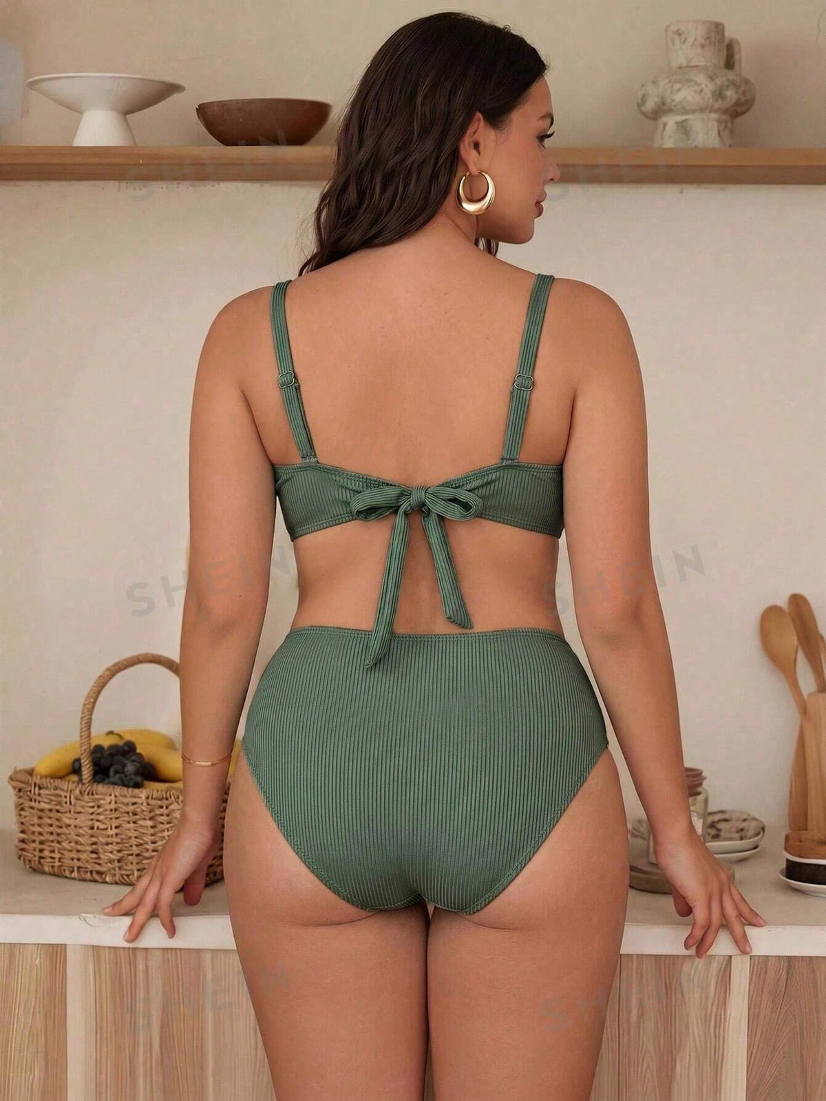 Swim Chiccia Sage Green Summer Elegant Beach Vacation Holiday Women Chiccia 2-Piece Bikini Set,Solid Color Textured Side Ruched Deep V-Neck Plus Size Swimwear