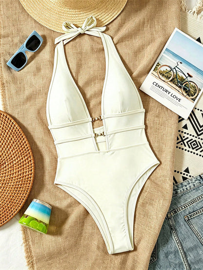 Swim Chiccia Springbreak Women's Black Deep V Halter Neck Sexy One-Piece Swimsuit Festival Boho