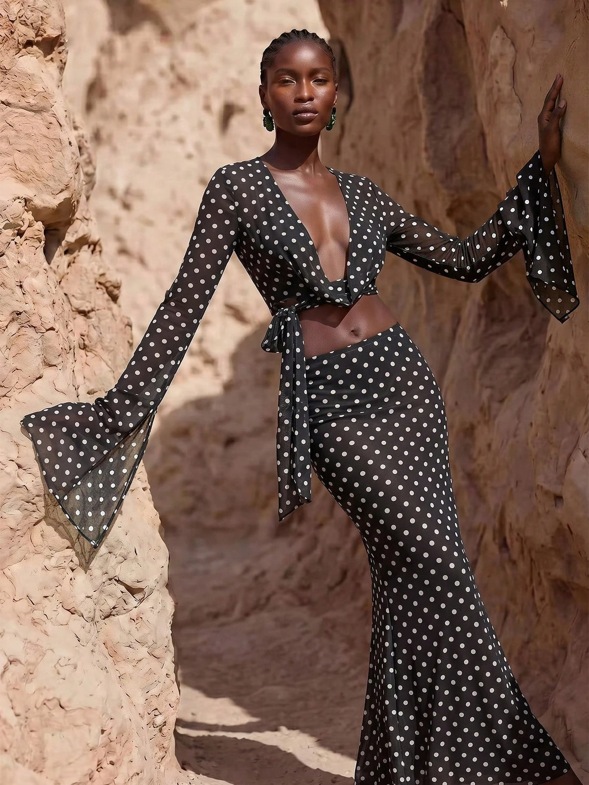 Swim Chiccia Women's Polka Dot Mesh Print Cowl Neck Long Sleeve Split Bell Sleeve Top And Bodycon Mini Skirt 2pcs Beach Vacation Cover-Up Set