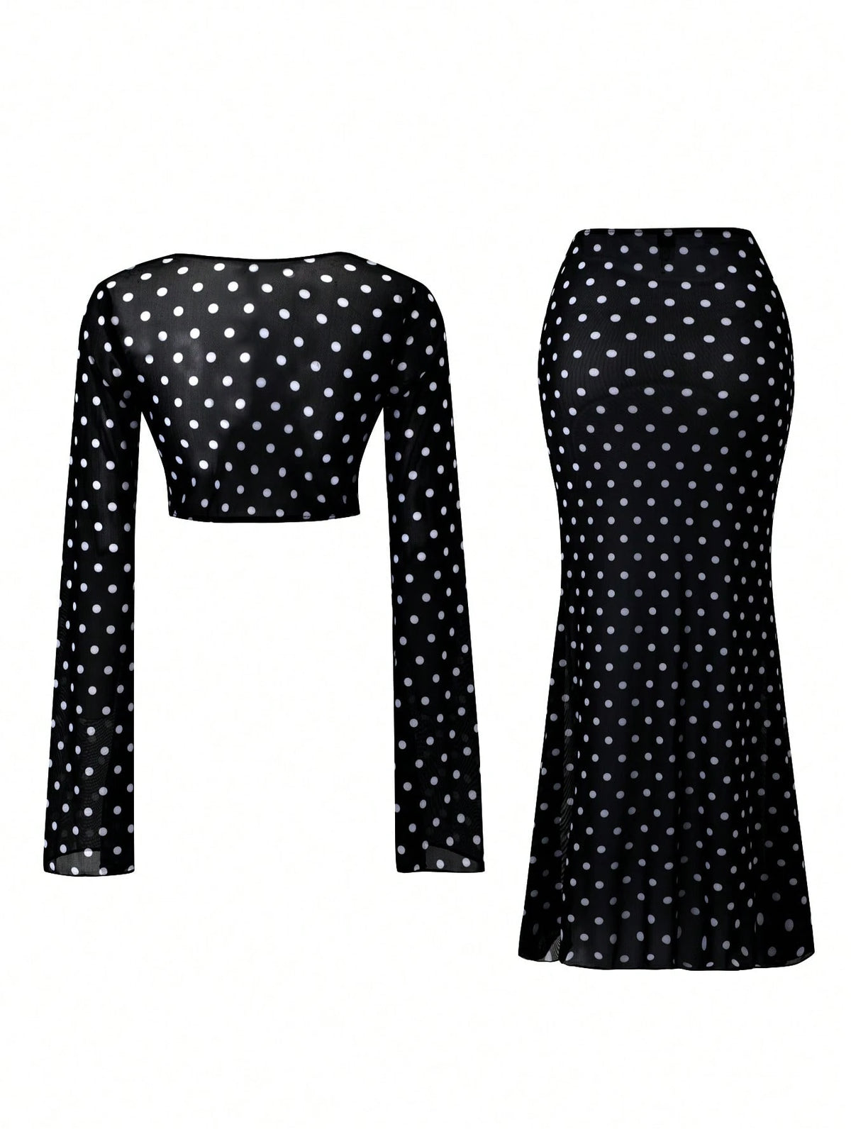 Swim Chiccia Women's Polka Dot Mesh Print Cowl Neck Long Sleeve Split Bell Sleeve Top And Bodycon Mini Skirt 2pcs Beach Vacation Cover-Up Set